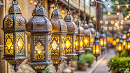 Fototapeta premium Row of ornate lanterns glowing softly with string lights in a charming pathway setting