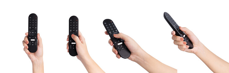 Hand holding television remote isolated on white background.