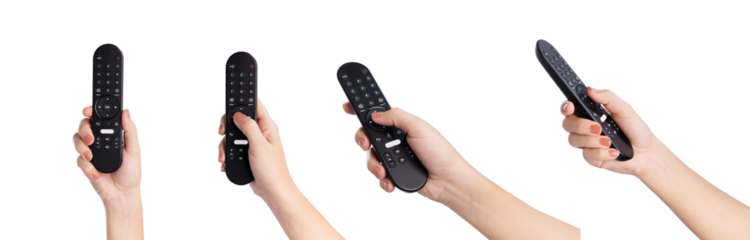 Hand holding television remote isolated on white background.
