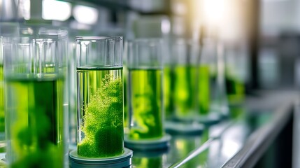 Close-up of Glass Tubes Filled with Green Algae