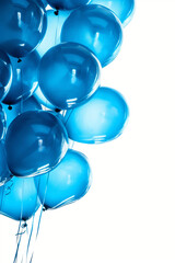Blue balloons on a bright blue copy space background. Party decoration colorful design, perfect for greeting card and birthday invitation. Event and anniversary wallpaper with shiny balloons