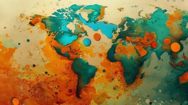 Vibrant world map with bubbles symbolizing global finance and connections, showcasing business and technology interdependence in orange, blue, and green hues
