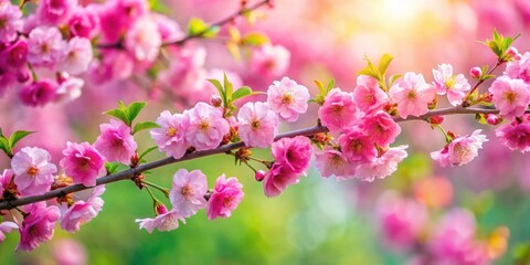 Obraz premium Blooming cherry branch in a spring garden with vibrant pink flowers and green leaves, Cherry blossom, spring, garden, blooming, flowers