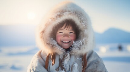 Attractive smiling eskimo kid with fur hood and warm clothes in winter scenery. Neural network ai generated art