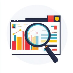 Colorful data visualization with magnifying glass illustrating analysis, insights, and business metrics for effective decision-making.