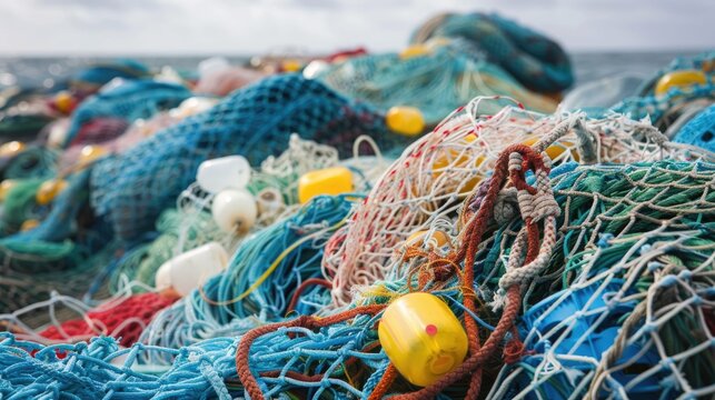 Commercial fishing nets with plastic floats piled up