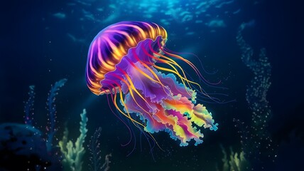 Fototapeta premium An AI-generated artwork of a deep ocean scene with a vibrant colorful jellyfish. The jellyfish has glowing tentacles and luminous highlights.