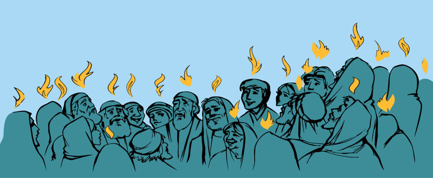 Vector drawing. Pentecost day. Many people came together for praying