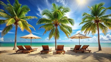 Tropical beach scene with sun loungers, umbrellas, and palm trees , summer, holiday, travel, relaxation, sunbathing, accessories