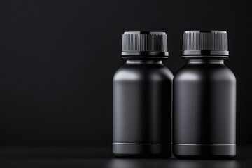 a set of two blank matte black sports supplement bottles, positioned against a minimalist black background, no label, perfect for mockup