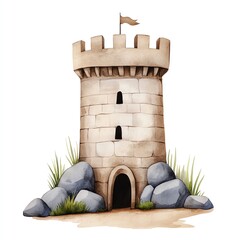 A whimsical stone tower with a flag, surrounded by rocks and grass, perfect for fairytale illustrations and children's designs.