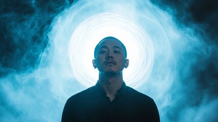 A man from Asia standing in front of a white background with a blue light shining on him.