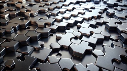 Obraz premium Close-up view of assembled hexagonal parts of black colored jigsaw puzzle, geometric, pattern, jigsaw, puzzle, close-up