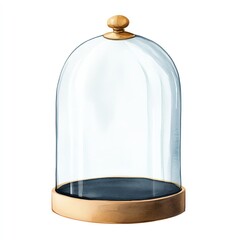 A clear glass cloche with a wooden base, ideal for displaying collectibles or as a decorative centerpiece.