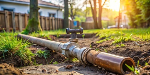 Broken water pipe in a backyard needing repair, water, pipe, broken, busted, leaking, fix, repair, damaged, plumbing