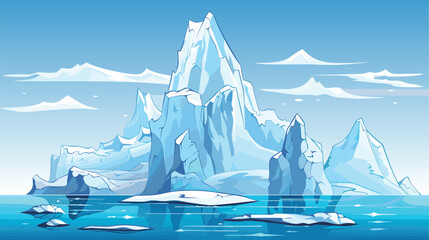 Drifting icebergs. Antarctic rocks panorama. Arctic glacier landscape. Northern waters with floating ice pieces. Global warming. Frozen chunks melting. Cold ocean