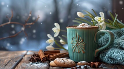 Cookies snowdrops and spices decorate coffee cup on wooden table