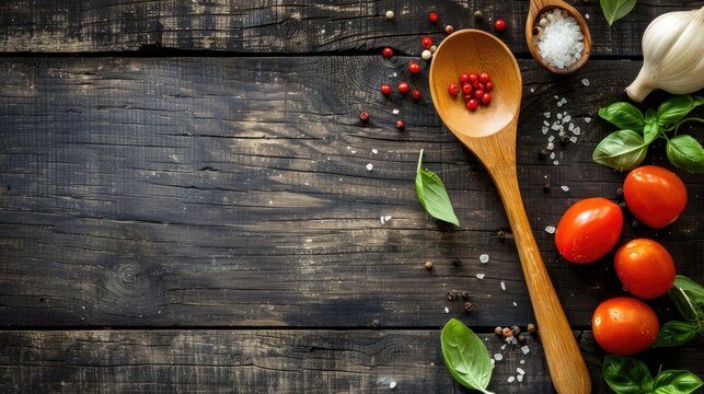 Cooking concept with wooden spoon ingredients and rustic background representing vegetarian food and health