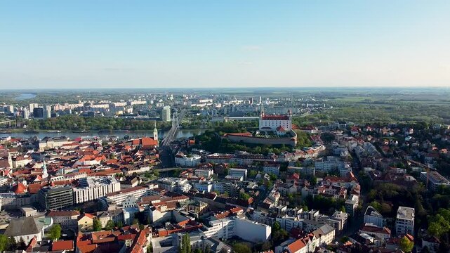 Stunning 4K drone footage of Bratislava Castle. Explore breathtaking aerial views of this iconic hilltop fortress overlooking the Danube River and the beautiful city of Bratislava