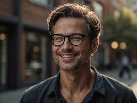 Portrait von einem Mann, 40-50 Jahre mit Brille und Hemd auf Stra&szlig;e 