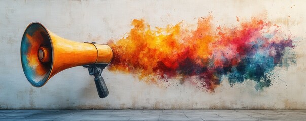 A vibrant megaphone emits a colorful explosion of paint and energy against a textured wall, symbolizing communication and creativity.