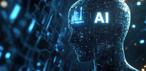 Futuristic AI robot with illuminated circuits and glowing AI letters on head in technological digital theme