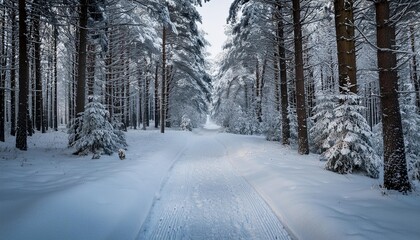 Obraz premium Snowy trail through a frosted pine forest.