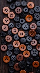 Fototapeta premium A collection of vintage sewing tools and zippers lies on a rustic wooden surface, providing a charming backdrop for crafting, quilting, and sewing projects