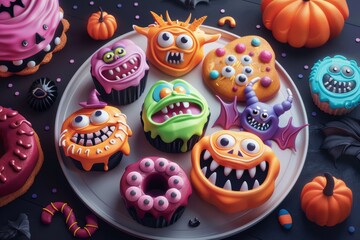 Colorful halloween monster cupcakes and cookies - Powered by Adobe