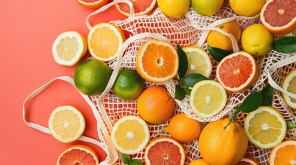Cotton mesh tote with fruits on citrus backdrop