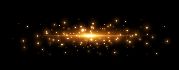 Gold glittering dots, sparkles, particles and stars on a black background. Abstract light effect. Gold luminous points. Vector illustration.