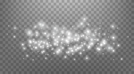 Silver magic sparks and dust stars. Glittering dots, particles, sparkles. Glow flare light effect. Silver luminous points. Vector particles on transparent background.