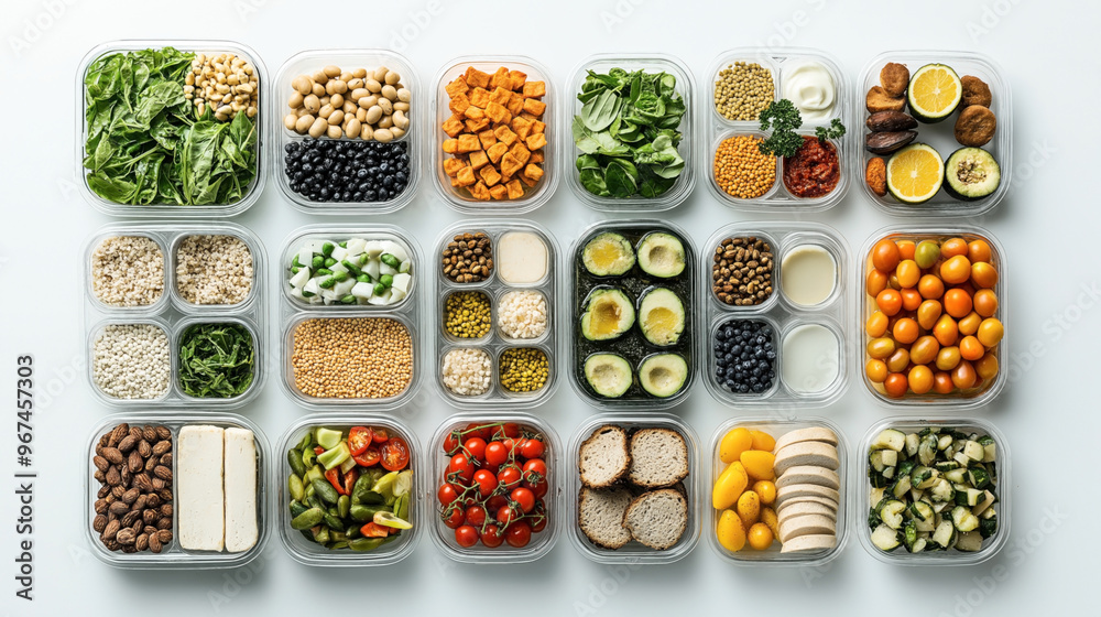 Wall mural Assorted healthy meal prep containers filled with various nutritious foods including vegetables, fruits, grains, legumes, nuts, seeds, and assorted condiments.