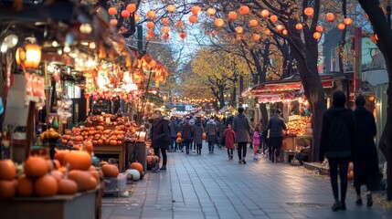 A street fair filled with Halloween decorations pumpkin stalls