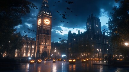 Fototapeta premium A towering clock tower lit by jack-o-lanterns the clock face glowing orange