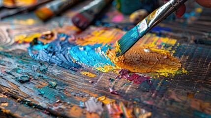 Fototapeta premium Creating art with ink blots on wood surface Using palette knives for painting