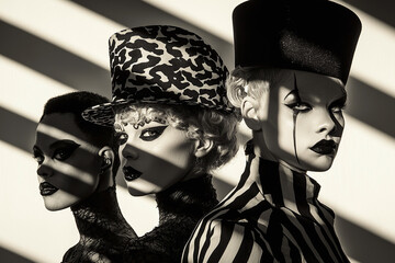 a group portrait of three vintage circus freak characters from the 1930s, arranged in a classic freak show setting