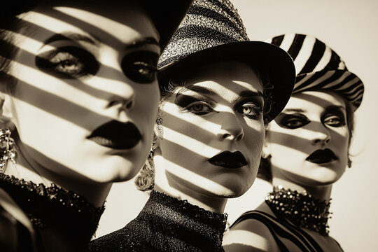 a group portrait of three vintage circus freak characters from the 1930s, arranged in a classic freak show setting