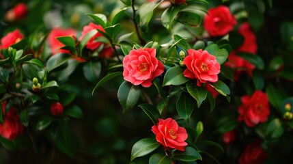 Crimson blossom with deep green foliage