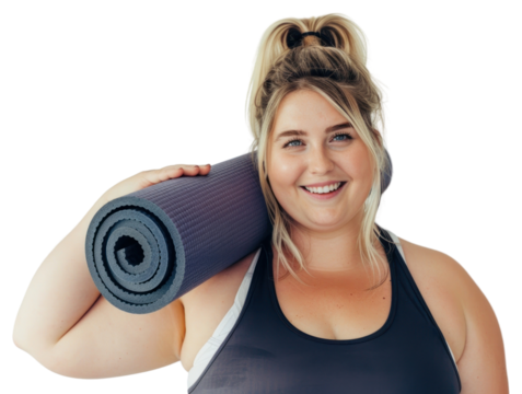 PNG Happy woman holding yoga mat