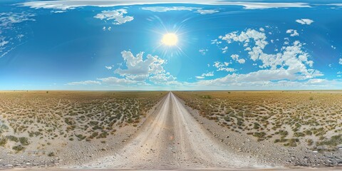 360 HDRI panorama of a deserted white sand gravel road bordered by fields under a clear sky with sparse clouds in equirectangular spherical projection suitable for VR and AR content Seamles