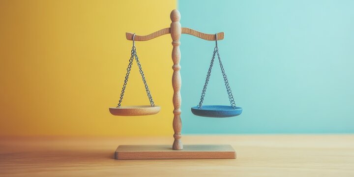 A wooden balance scale on a colorful background, symbolizing justice, fairness, and equality in various contexts.