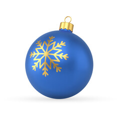 Christmas tree toy realistic vector illustration. Blue New Year ball decorated by golden snowflake and loop for hanged isolated on white. Traditional winter festive holiday decor design template