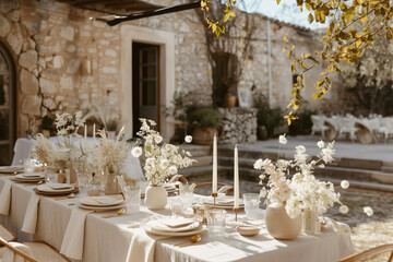 Wedding table set up in boho style with pampas grass and greenery, soft focus. Autumn outdoor wedding concept	
