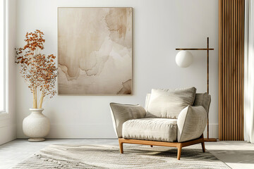 Boho, scandinavian interior design of modern living room with accent armchair and big frame on grey wall.