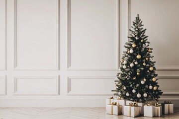 Christmas Tree with Gold and Silver Ornaments, Gifts Against White Wall, Minimalist New Year Interior Design