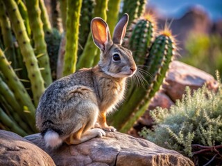 Fototapeta premium A gray and brown striped animal with a rabbit-like body, long tail, and bushy ears, perched on a rocky outcropping, surrounded by cactus and desert flora.