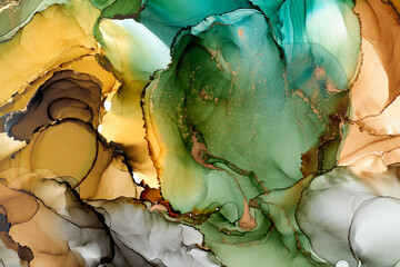 Obraz premium Natural luxury abstract fluid art painting in alcohol ink technique. Tender and dreamy wallpaper. Mixture of colors creating transparent waves and golden swirls. For posters, other printed materials