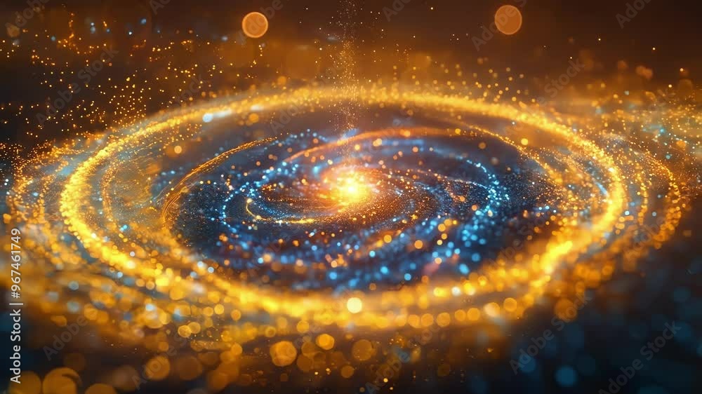 Poster golden particles swirling in a spiral shape on a textured surface, creating an abstract background p