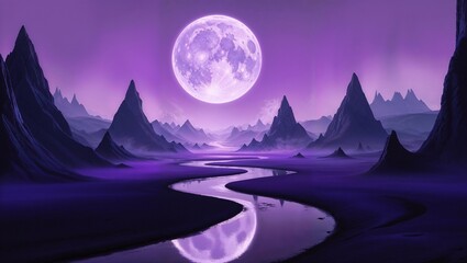 An extraterrestrial planet with purple sky and moon 
